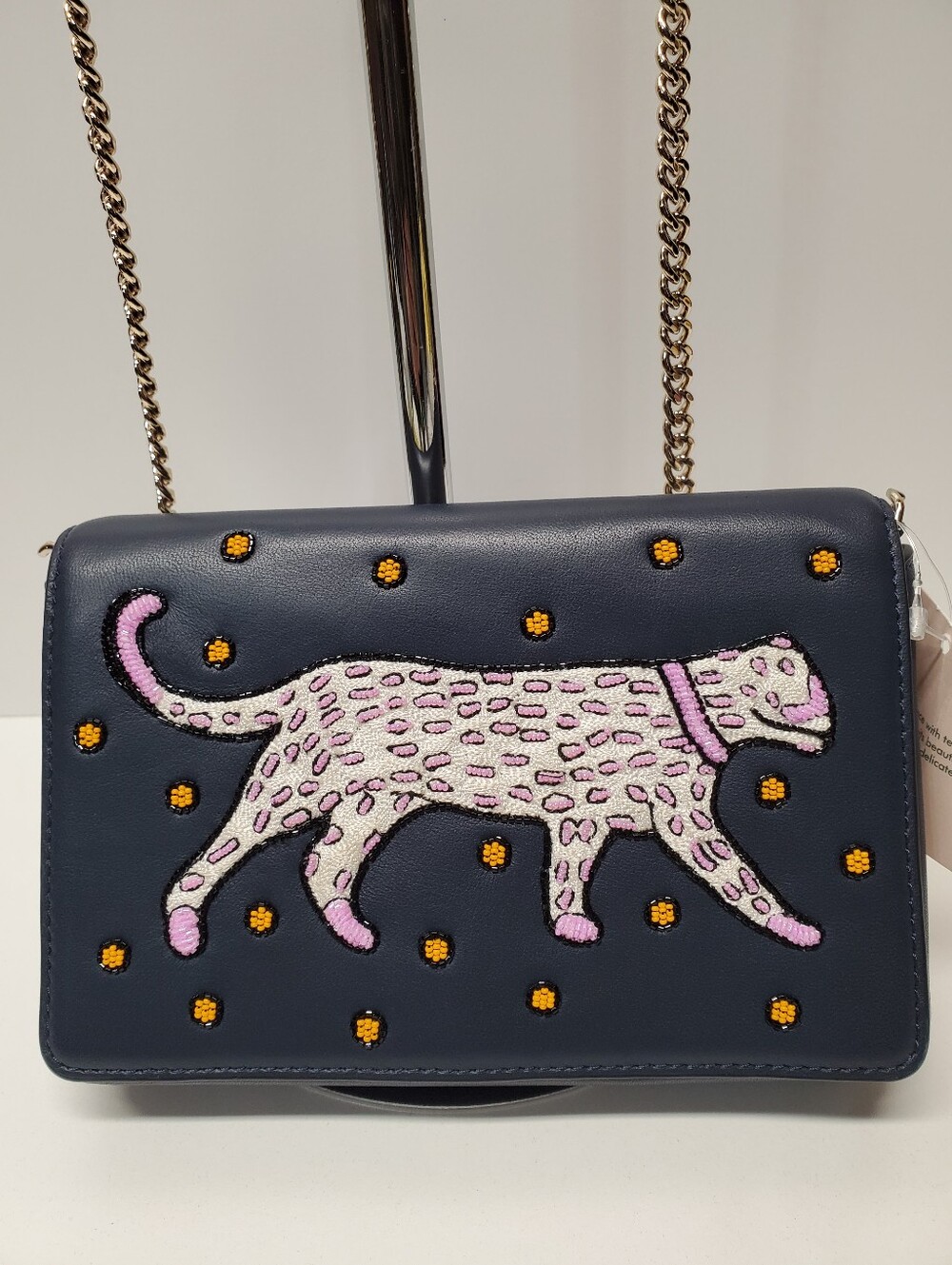 Kate SpadeNavy Leather Crossbody Bag with Embroidered Pink Panther